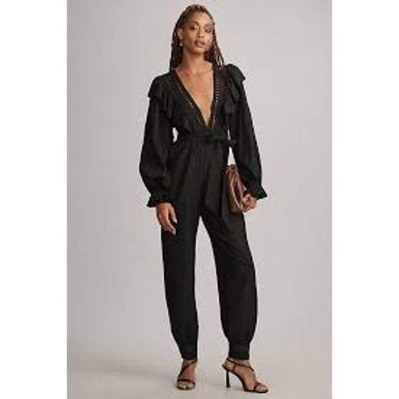 Farm Rio Black Laces & Ruffle V-Neck Linen-Blend Jumpsuit-XS, NWT - Picture 1 of 9